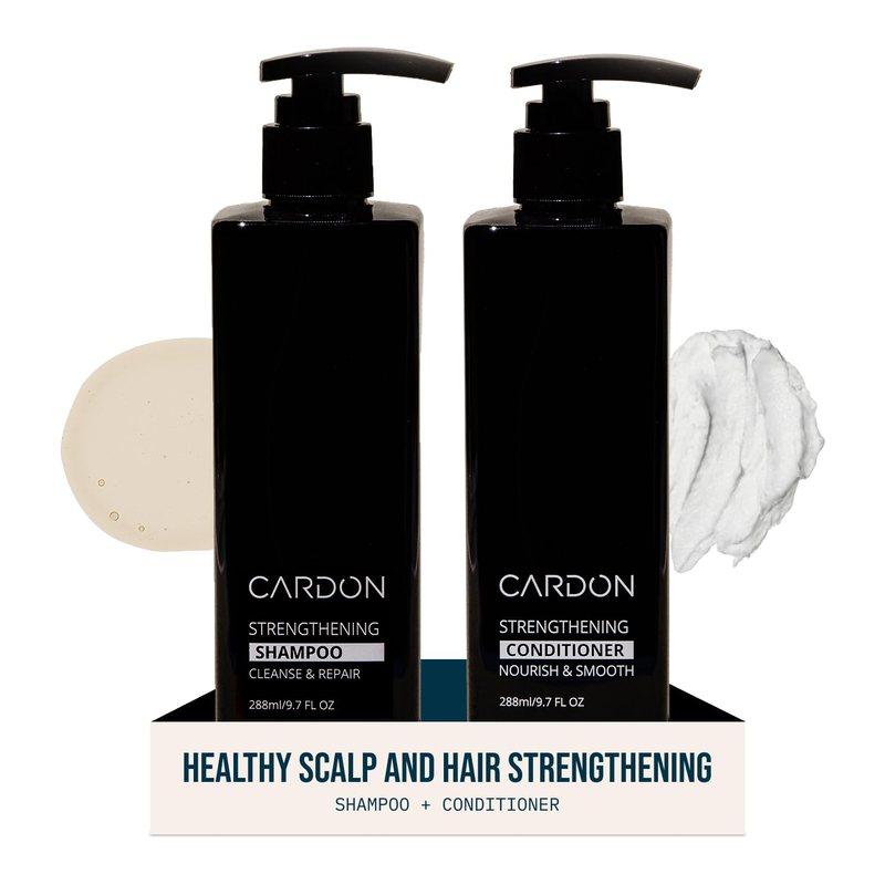 Cardon Strengthening Shampoo and Conditioner, one of Susy's hair and scalp picks